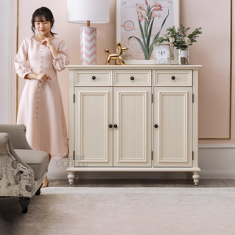 美式奶油白色大容量实木鞋柜