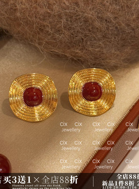 CIX丹红/荷叶边小众设计感蚊香盘耳夹无耳洞耳钉红色优雅耳环耳饰