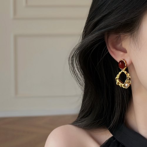CIX鎏金/红色复古耳夹无耳洞女轻奢高级感蚊香盘耳夹小众耳钉耳环