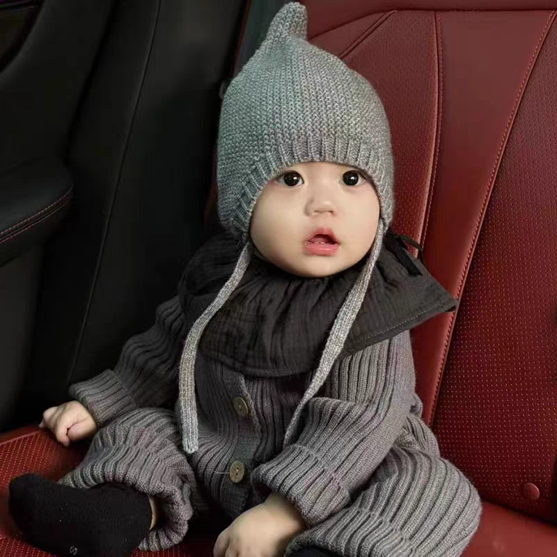 婴幼儿针织包头帽早秋季宝宝毛线护耳帽子6个月男孩防风系带帽子
