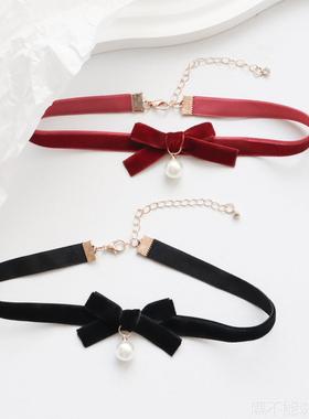蓓蕾少女风甜美饰品酒红色颈链黑