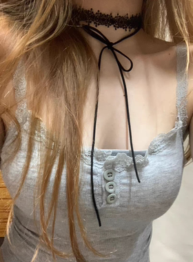 博主简约长款系绳choker性感黑