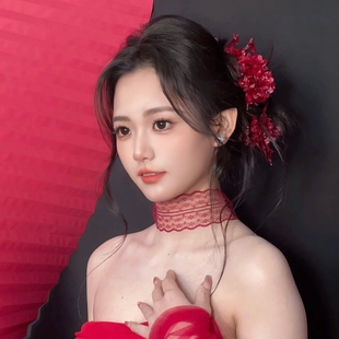 纯欲红色蕾丝细长条丝巾女韩系装饰飘带辣妹春夏叠戴层次颈链颈饰