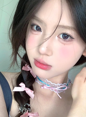 粉色纯欲萝莉白蕾丝锁骨链项链