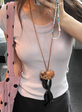 hellokitty眼镜链挂脖黑皮kt猫