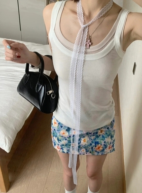 纯欲风叠戴蕾丝飘带女春夏百搭锁