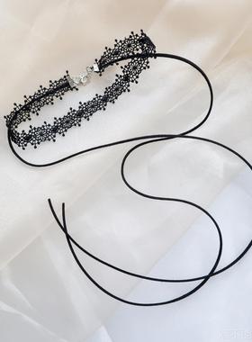 项链女蝴蝶结2024新款饰品仙女黑色蕾丝系带颈带Choker叠带锁骨链