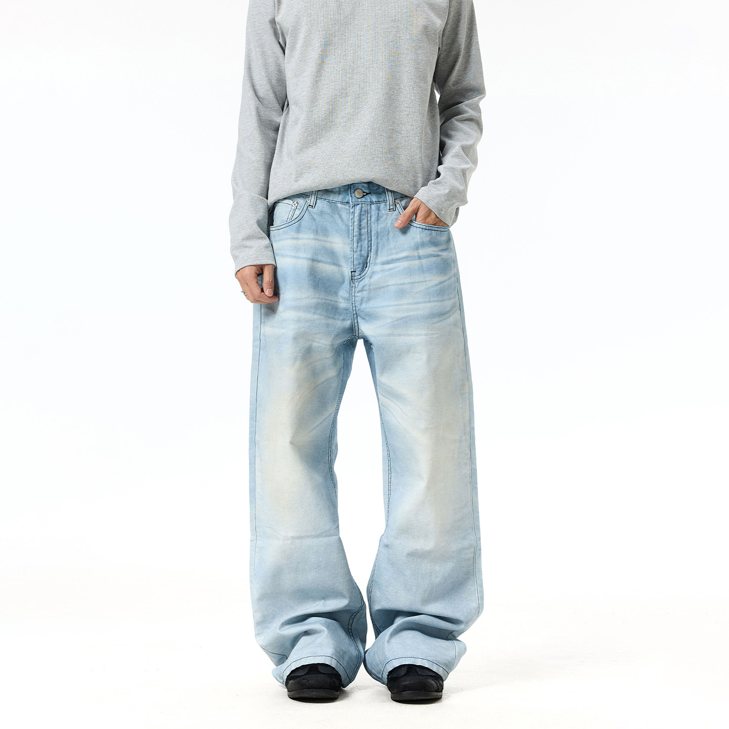 BTSG Cleanfit复古水洗猫抓痕须冰蓝宽松牛仔裤美式经典阔腿裤子,男装,牛仔裤,淘宝优惠券,粉丝福利购,淘宝优惠卷