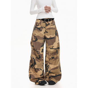 男baggy街头宽松休闲弯刀裤 裤 复古结构褶皱迷彩阔腿工装 BTSG美式