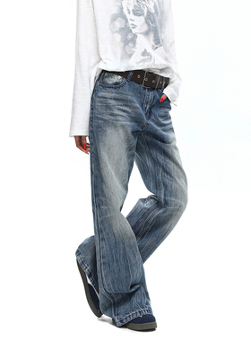 BTSG复古高棉水洗做旧竹节纹理猫须微喇牛仔裤通勤气质闪电蓝牛王