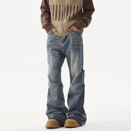 BTSG美式复古褶皱设计洗水蓝微喇牛仔裤vibe风街头痞帅嘻哈长裤男