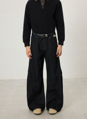 BTSG原浆赤耳丹宁复古宽松A字版型牛仔裤baggy街头风格压褶弯刀裤