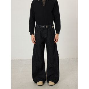 压褶弯刀裤 baggy街头风格 型牛仔裤 BTSG原浆赤耳丹宁复古宽松A字版