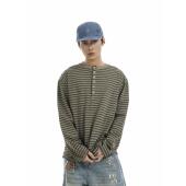 长袖 BTSG美式 复古慵懒风松弛氛围感简约条纹亨利纽扣领打底衫 T恤