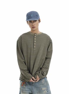 BTSG美式复古慵懒风松弛氛围感简约条纹亨利纽扣领打底衫长袖T恤