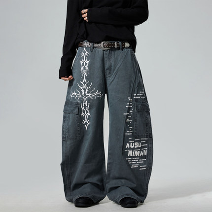 BTSG水洗格雷灰图腾印花baggy街头工装裤美式复古休闲阔腿弯刀裤