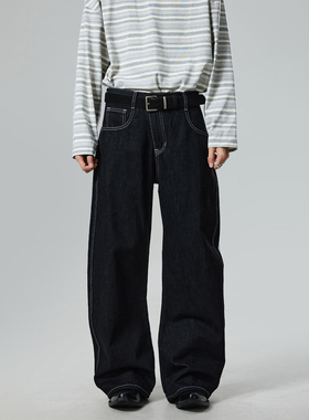 BTSG Cleanfit复古A字邪门襟设计原牛美式复古男女宽松阔腿牛仔裤