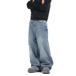 baggy宽松休闲阔腿弯刀裤 BTSG美式 复古Cleanfit双腰头解构牛仔裤