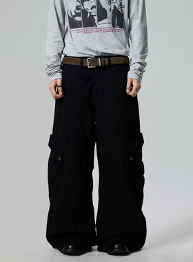 BTSG美式复古多口袋刺绣宽松阔腿工装裤男女街头baggy拖地休闲裤