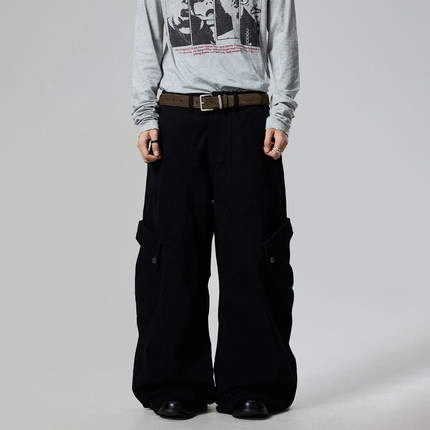 BTSG美式复古多口袋刺绣宽松阔腿工装裤男女街头baggy拖地休闲裤