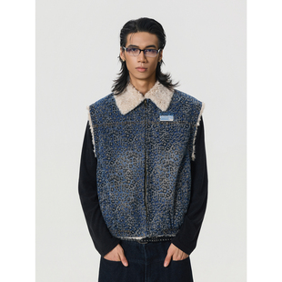 内搭开衫 复古洗水豹纹毛绒棉保暖马甲秋冬街头无袖 外套 美式 BTSG