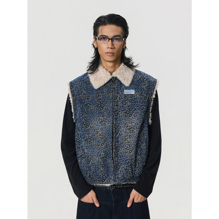 BTSG/美式复古洗水豹纹毛绒棉保暖马甲秋冬街头无袖内搭开衫外套