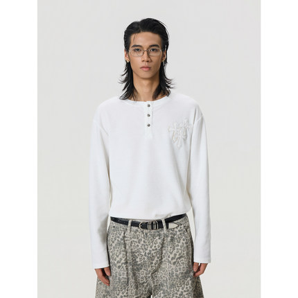 BTSG/华夫格白色拼皮十字架银扣亨利领长袖T恤baggy街头打底衫潮