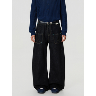 baggy街头绿松石撞钉牛仔裤 复古解构拼接水洗原牛弯刀裤 美式 BTSG