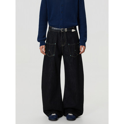 BTSG/美式复古解构拼接水洗原牛弯刀裤baggy街头绿松石撞钉牛仔裤