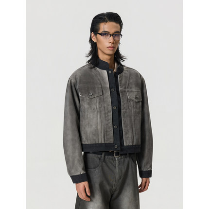 BTSG/复古水洗晕染渐变拼接短宽牛仔外套美式baggy街头夹克上衣男