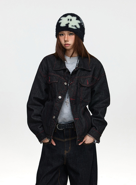 BTSG美式小众辑明线撞色牛仔外套高级感百搭休闲cleanfit翻领夹克