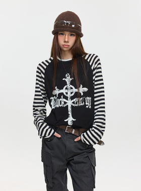 BTSG小众轻亚文化撞色条纹插肩圆领长袖T恤复古vintage男女打底衫