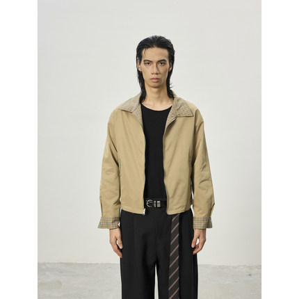 BTSG巴恩风复古双面穿格纹拉链翻领夹克Cleanfit老钱短宽工装外套