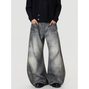 baggy街头男女宽松直筒牛仔裤 BTSG 打印拼接弯刀裤 复古3D数码 美式