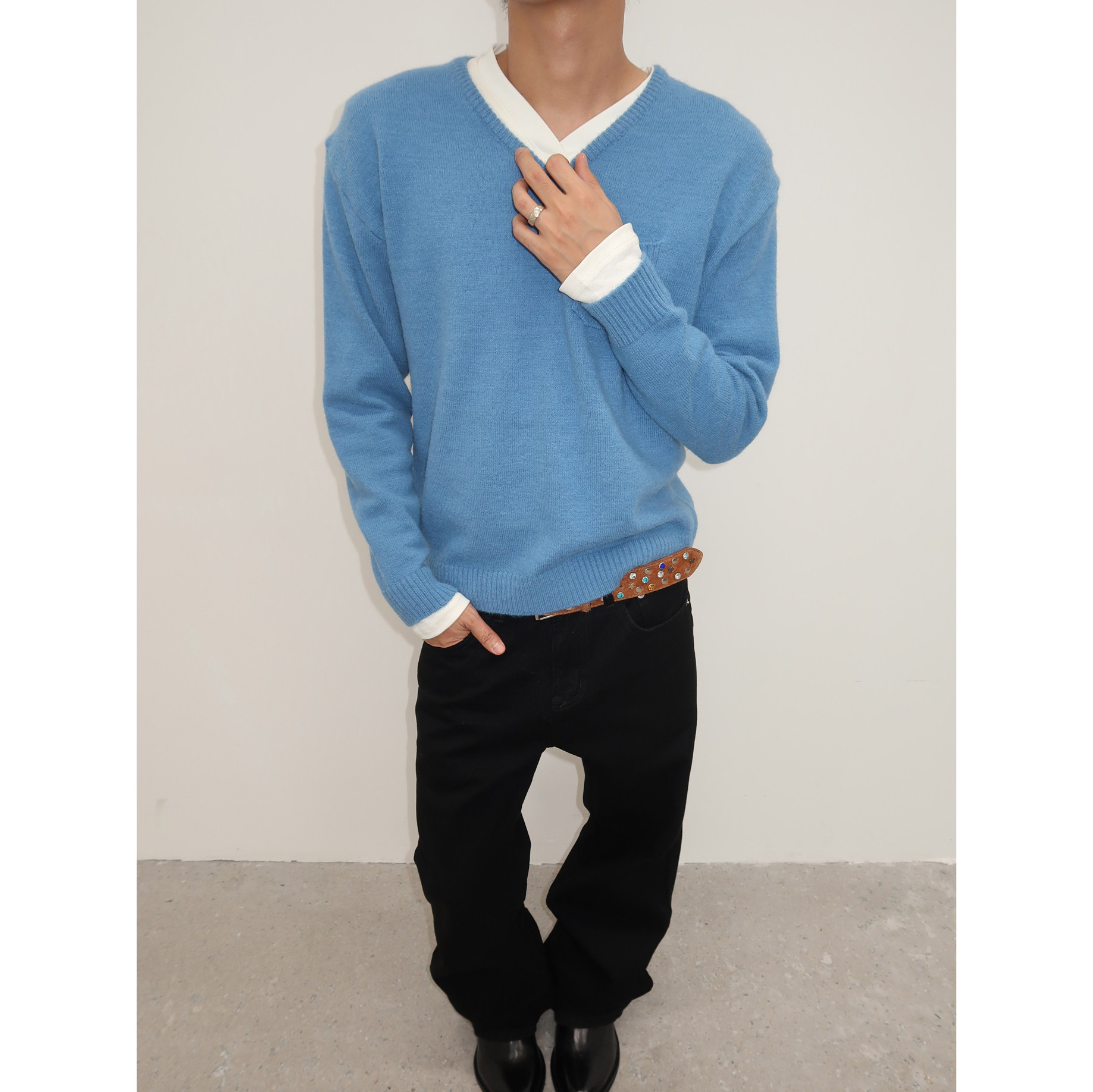 BTSG 三色V领小口袋短宽合身针织衫 Slimfit经典基础简约男女毛衣