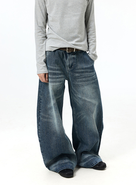 BTSG复古水洗竹节猫须错位门襟牛仔裤Cleanfit通勤百搭宽松阔腿裤