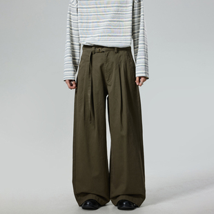 子 男女裤 BTSG复古咖绿色打褶腰带廓形休闲裤 Cleanfit宽松阔腿美式