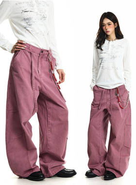 BTSG 水洗定染复古绣红解构压褶工装裤vintage宽松阔腿休闲弯刀裤