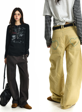 BTSG 红刃缝线彩石撞钉粗斜纹复古工装裤baggy街头宽松阔腿弯刀裤