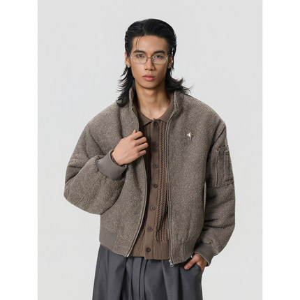 BTSG/美式复古提花编织MA1夹克棉衣外套秋冬高级感棒球领保暖棉服