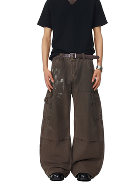 BTSG小众定制染色泼墨解构宽松阔腿弯刀裤美式复古休闲工装伐木裤