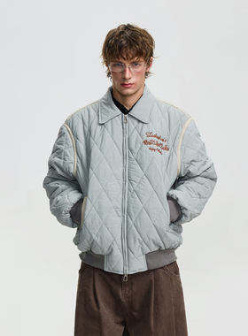 BTSG秋冬复古通勤菱形格刺绣夹克棉服男Cleanfit翻领休闲保暖外套