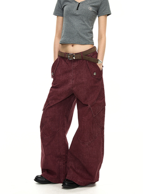 BTSG Cargo水洗做旧廓形多口袋伞兵裤baggy街头宽松阔腿工装裤男