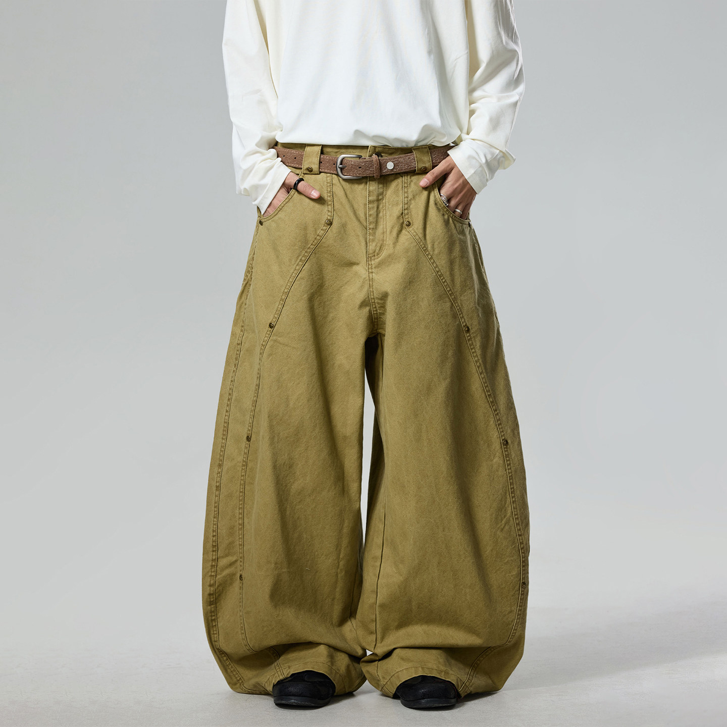 美式复古解构铆钉设计廓形工装裤