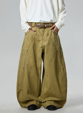 BTSG美式复古解构铆钉设计廓形工装裤Cleanfit宽松阔腿休闲弯刀裤