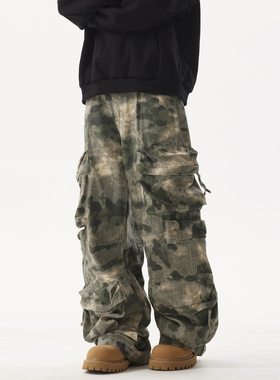 BTSG美式复古迷彩蔓延晕染迷彩立体多口袋工装裤vibe风阔腿长裤男
