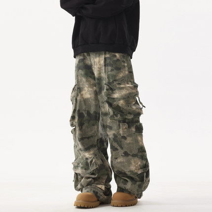 BTSG美式复古迷彩蔓延晕染迷彩立体多口袋工装裤vibe风阔腿长裤男