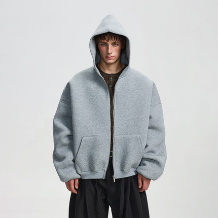 BTSG美式复古重磅肌理空气层廓形连帽卫衣Cleanfit短宽夹克外套男