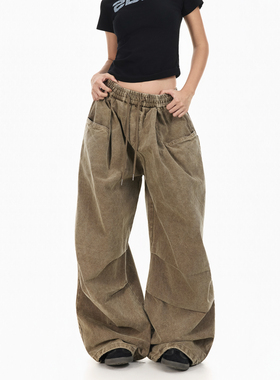 BTSG美式立体大口袋褶皱做旧抽绳工装裤baggy松弛感复古阔腿裤子