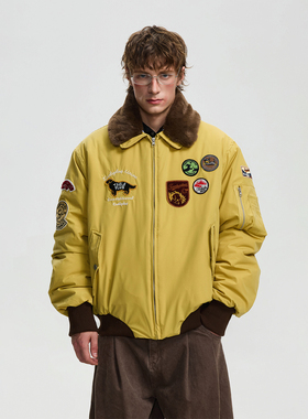 BTSG美式复古刺绣徽章双层可拆卸毛领棉服冬季保暖夹克黄色外套男